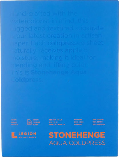 Legion Stonehenge Aqua Watercolor Block , 140 Cold Press, 9 X 12 inches, 15 Sheets, White