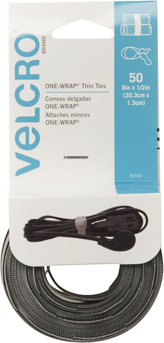 VELCRO Brand - ONE WRAP Thin Ties Reusable Light Duty, 8" x 1/2" Ties, 50 Count, Black/Gray