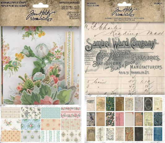 Idea-ology Tim Holtz Idea-Ology 2021 Worn Wallpaper Scraps and Backdrops Cardstock Volume 1-2 Item Bundle, Orange, Black