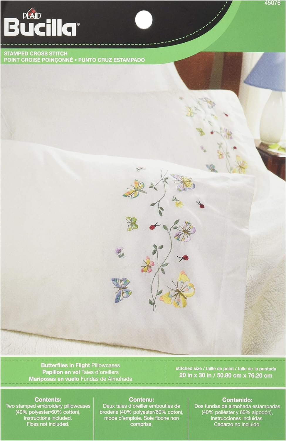 Bucilla Stamped Embroidery Pillow Case Pair, 20 by 30-Inch, 45076 Butterflies In Flight