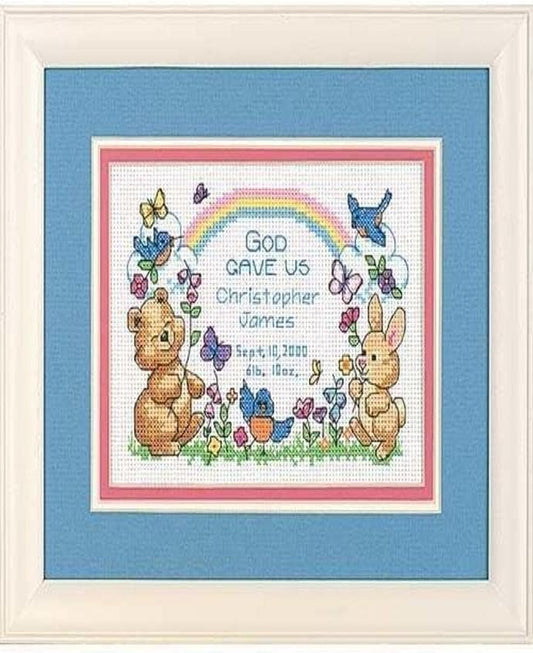 Dimensions 06802 "God Gave Us Counted Cross Stitch Birth Record Kit, 14 Count White Aida, 7" W x 5" H