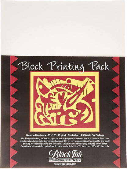 Black Ink 9-Inch by 12-Inch Bleached Mulberry Block Printing Paper, 25-Pack