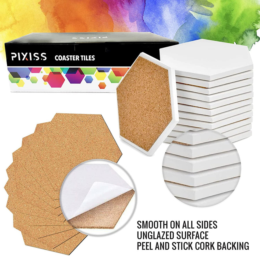 Ceramic Tiles for Crafts Coasters,12 Hexagon White Tiles Unglazed 4-Inches with Cork Backing Pads, for Alcohol Ink or Acrylic Pouring, DIY Make Your Own Coasters, Mosaics, Painting Projects, Decoupage…