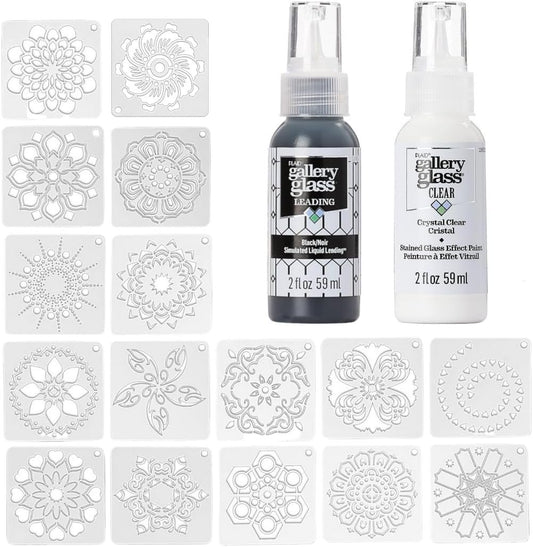 Gallery Glass (2 fl oz Jewel Tones) and 16 Pixiss Stencils for Crafts - Stained Glass Paint and Liquid Leading for Faux Stained Glass Painting with Paint Stencils for Spray Paint, Drawing, etc