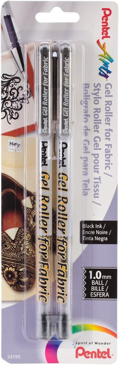 Pentel Arts Gel Roller for Fabric, 1.0mm Bold Lines, Permanent, Black Ink, Pack of 2 (BN15BP2A)
