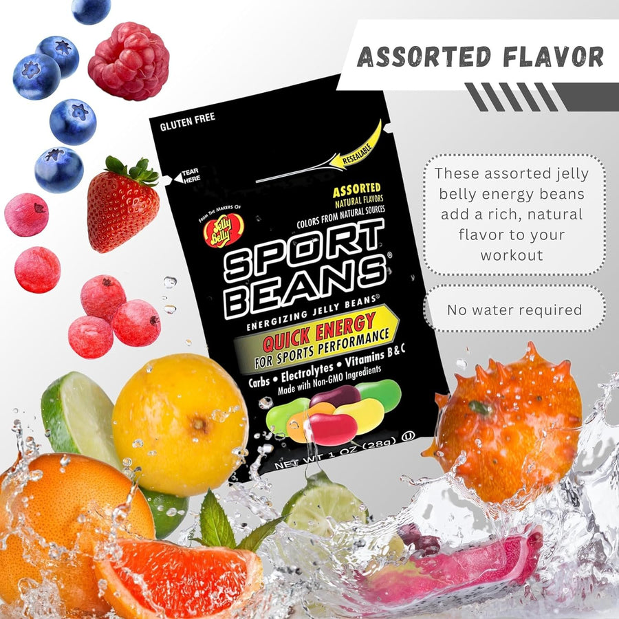 Jelly Belly Sports Beans (3 pack of 1oz bags) with Mini Candy Dispenser (7.5cm x 2.5cm) - Energy Jelly Beans for Sports and Small Travel Case for Athletes, Runners, Travel, Desktop, etc.