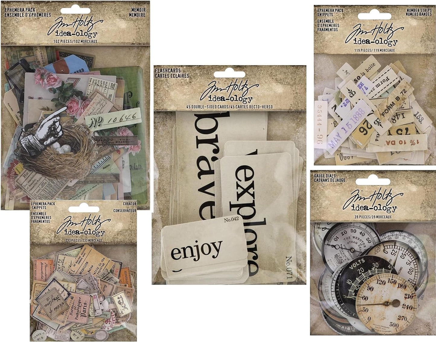 Tim Holtz Idea-Ology 2022 Memoir Ephemera Pack, Flashcards, Curator Snippets, Number Snippets and Gauge Dials - 538 Pieces, Bundle of 5 Packages (TH94221, TH94222, TH94224, TH94225, TH94152)
