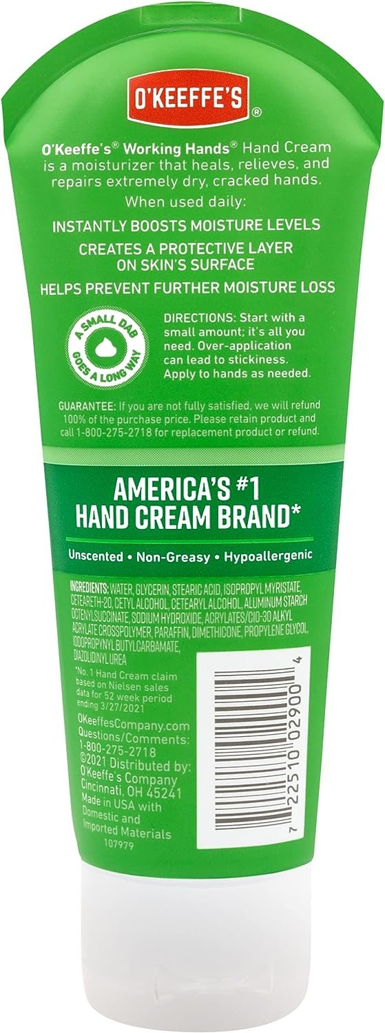 O'Keeffe's Working Hands Hand Cream, Relieves and Repairs Extremely Dry Hands, 3 oz Tube, (Pack of 1)