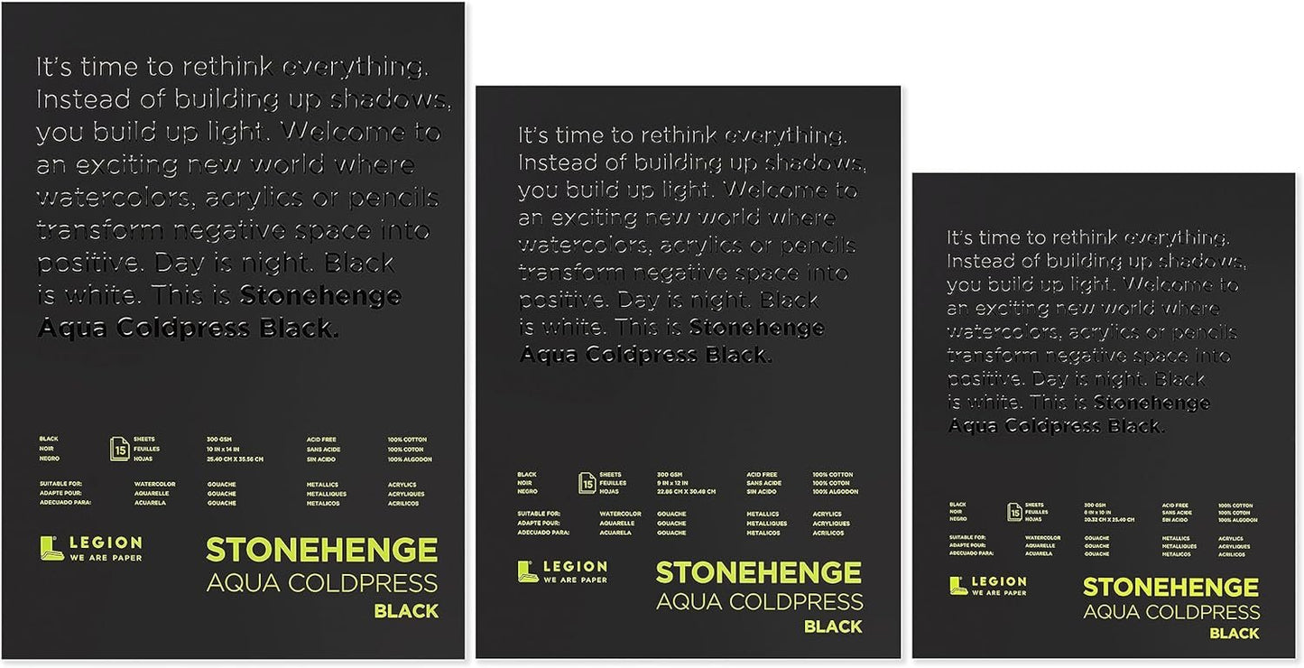 Stonehenge Aqua Black Medium Weight Pad, 140lb, Coldpress, 9 x 12 Inches, 15 Sheets for Wet and Dry Media