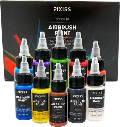 Pixiss Air Brush Painting Set - 10 Colors of Acrylic Paint for Airbrush Kit - Acrylic Airbrush Paint Set for Model Paint Kit - Vibrant Pigments, Acid-Free - For All Surfaces