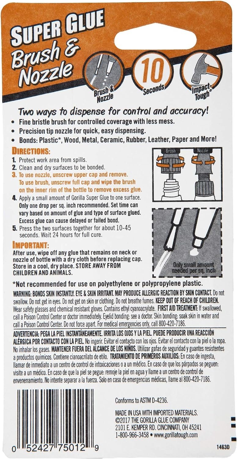 Gorilla Super Glue with Brush & Nozzle Applicator, 10 Gram, Clear, (Pack of 1)