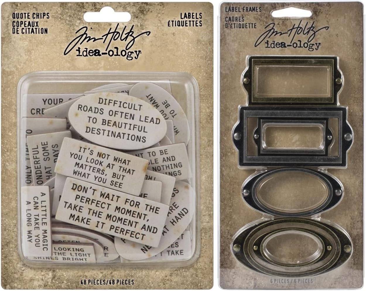 Idea-ology Tim Holtz 2023 Quote Chips Labels and Metal Label Frames - 2 item bundle