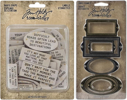 Idea-ology Tim Holtz 2023 Quote Chips Labels and Metal Label Frames - 2 item bundle