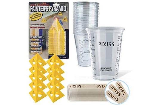 Painter's Pyramid Stands Kit, 20X 10-Ounce Disposable Graduated Clear Plastic Cups for Mixing Paint, Stain, Epoxy, Resin, 20x Pixiss Wood Mixing Sticks