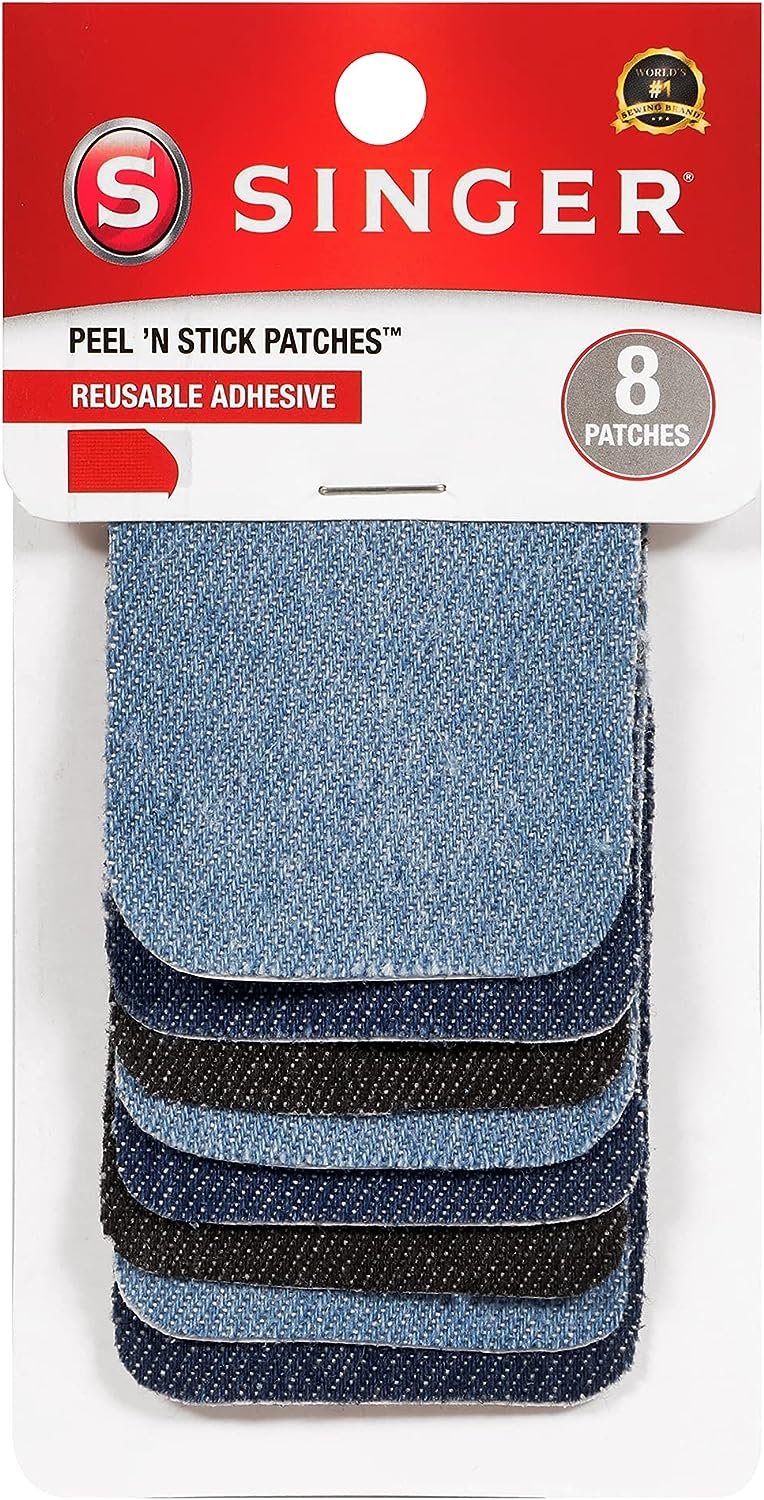 SINGER 00378 Peel N Stick Reusable Patches, 2-Inch x 3-Inch, Assorted Denim, 8-Count , White