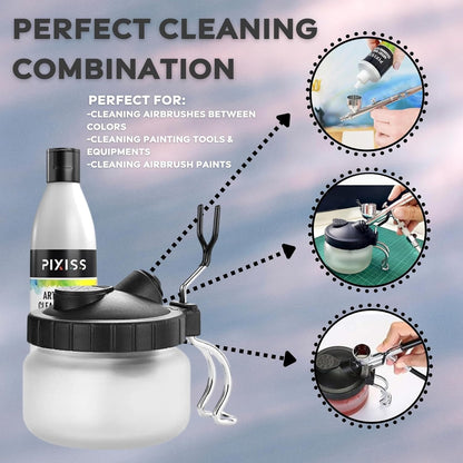 Pixiss Air Brush Painting Set with Airbrush Cleaner Pot and Brush Cleaner Fluid (4 fl oz) - 10 Colors of Acrylic Paint for Airbrush Kit with accessories for Model Paint Kit