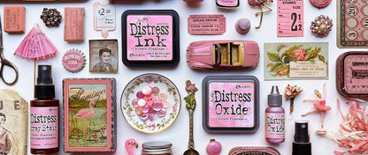 Tim Holtz Distress Kitsch Flamingo February 2021 Release, Distress Ink Pad/Reinker, Oxide Ink Pad/Reinker, Embossing Glaze, Flip Top Paint, Oxide Spray, Spray Stain, Collector Enamel Pin, 9 Items