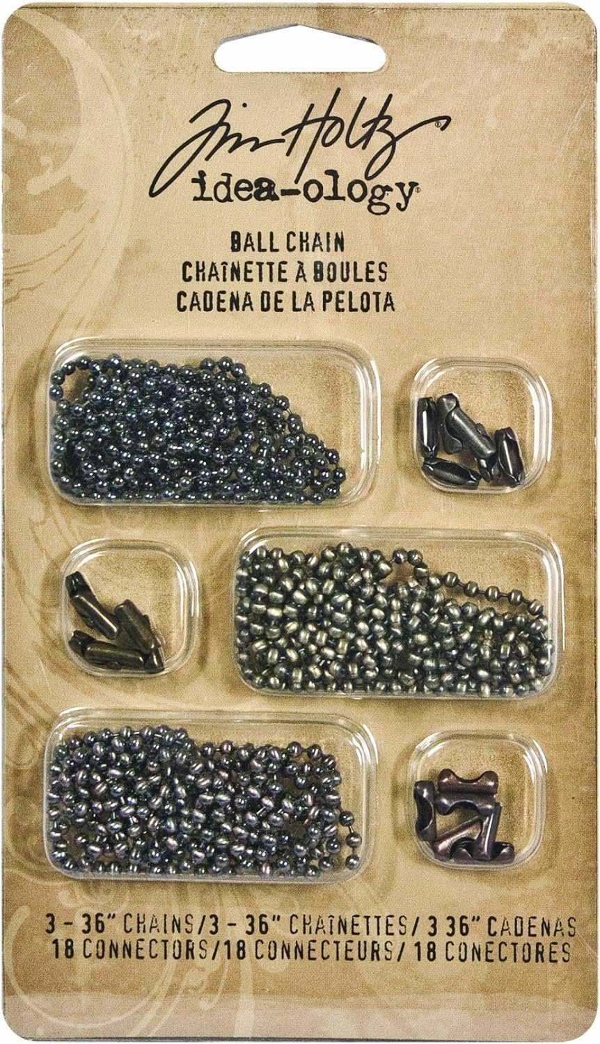 Metal Ball Chains with Connectors by Tim Holtz Idea-ology, 3 36-Inch Chains and 18 Connectors, Antique Finishes, TH92675