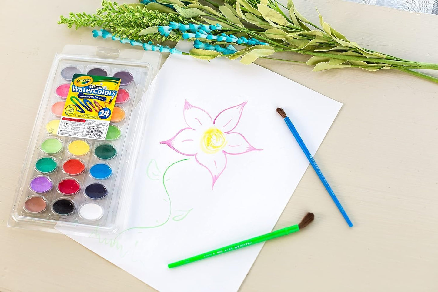 Crayola 24 Ct Washable Watercolors Easy to Clean Up, 24 Bright Washable Watercolor Paints, 1 Paintbrush, Ages 3+