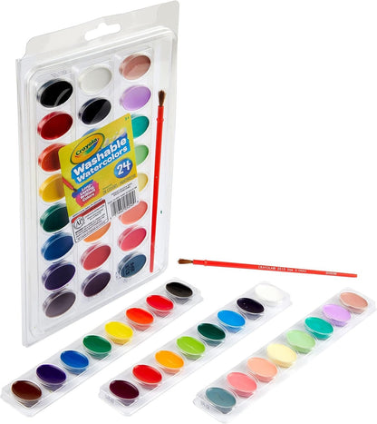 Crayola 24 Ct Washable Watercolors Easy to Clean Up, 24 Bright Washable Watercolor Paints, 1 Paintbrush, Ages 3+