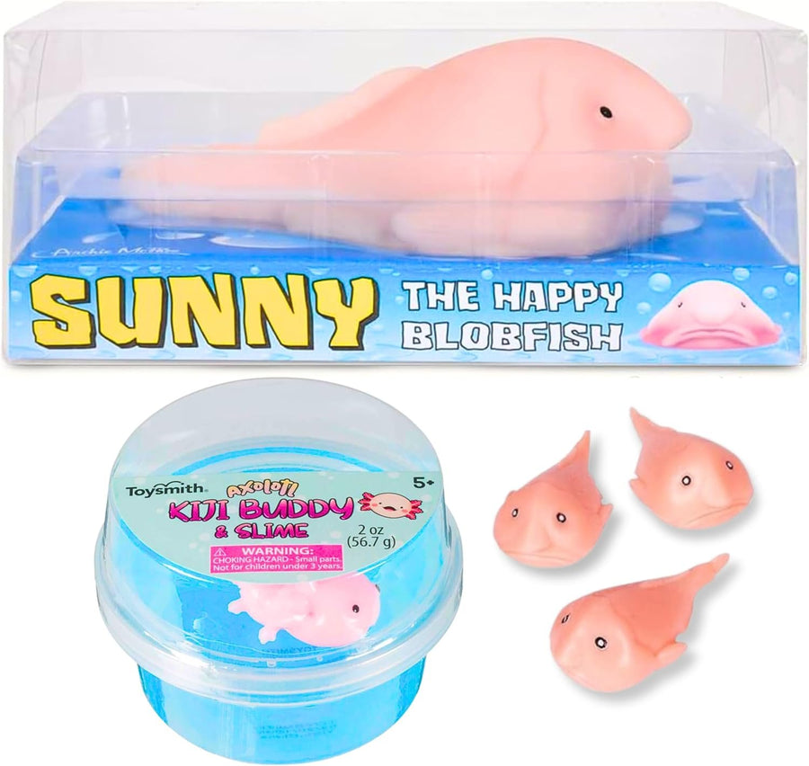 Axolotl Kiji Buddy and Slime and Archie McPhee Sunny The Happy Blobfish and Itty Bitty Blobfish - Axolotl Toy and Blobfish Plush for Stress Squeeze Toy - Bob Fish and Baby Axolotl Slime