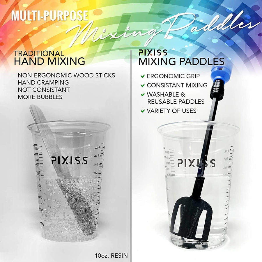 Resin Mixer Epoxy Mixer Paddles - 20 Graduated Mixing Cups & 3 Reusable Pixiss Multipurpose Bidirectional Paint Stirrer for Drill Epoxy & Paint Mixer Drill Attachment - Paint Stirrers Epoxy Stirrer