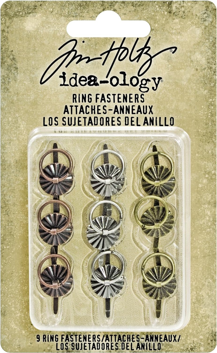 Tim Holtz Idea-ology Ring Fasteners, 9 Brad Fasteners with Fluted Tops and Attached Jump Rings, Nickel, Brass, Copper, Craft Embellishments, TH93060