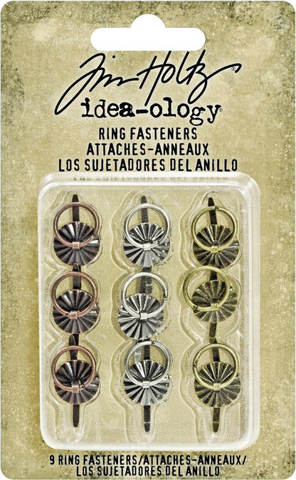 Tim Holtz Idea-ology Ring Fasteners, 9 Brad Fasteners with Fluted Tops and Attached Jump Rings, Nickel, Brass, Copper, Craft Embellishments, TH93060
