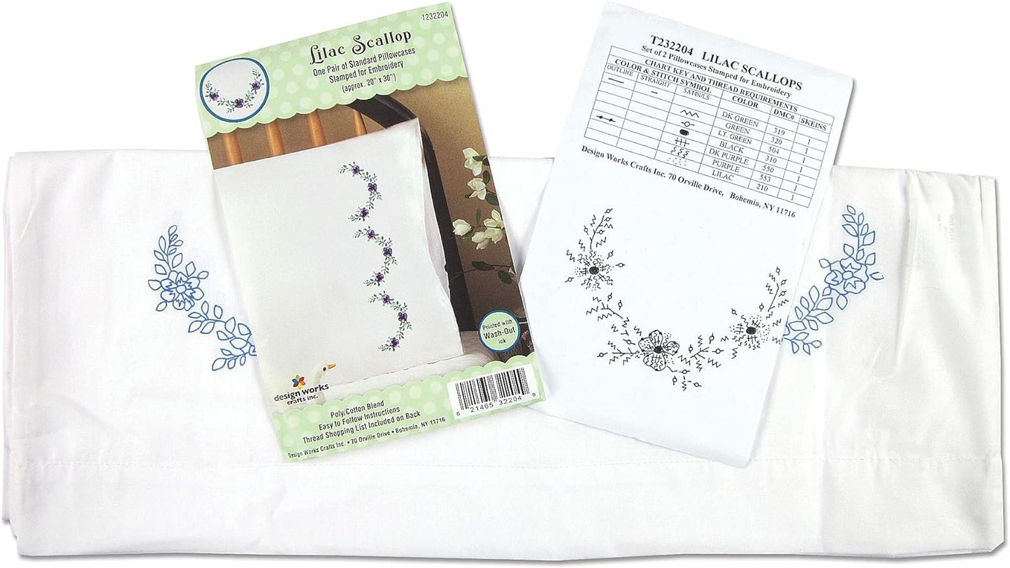 Design Works Crafts Lilac Scallops Stamped for Embroidery Pillowcases, Purple