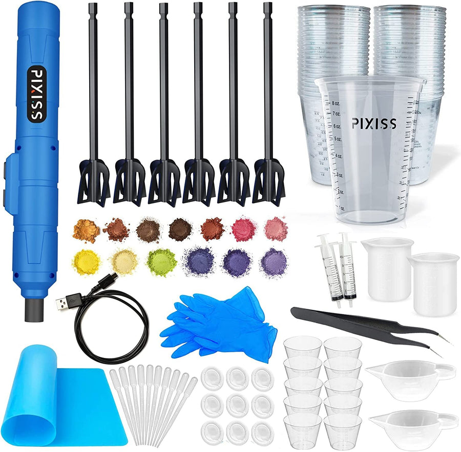 Pixiss Premium Resin Mixer, Handheld Rechargeable Epoxy Mixer, Epoxy Resin Mixer Pro Grade, Resin Stirrer for Resin, DIY Crafts Tumbler, Minimize Bubbles - Ultimate Resin Mixer Kit with 15 Mica Powders