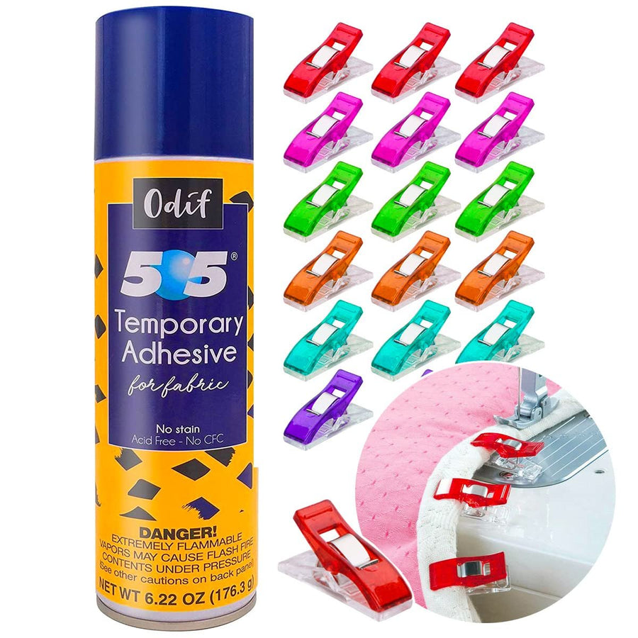 Odif 505 Spray and Fix Temporary Fabric Adhesive Basting Glue 6.22oz, 505 Spray Adhesive for Embroidery, Quilt Basting Spray for Quilting, Plus 25 Sewing Fabric Clips