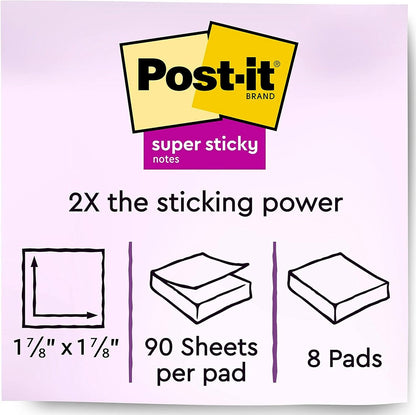 Post-it Super Sticky Notes,2x2 in, 8 Pads, 2x the Sticking Power, Supernova Neons Collection, Recyclable (622-8SSMIA)