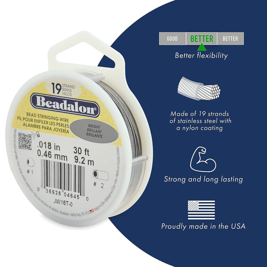 Beadalon 19 Strand Stainless Steel Bead Stringing Wire, 012 in / 0.30 mm, Bright, 30 ft / 9.2 m