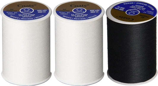 3-Pack -2 WHITE & 1 BLACK - Coats & Clark Dual Duty All-Purpose Thread - 2 White plus 1 Black Spools, 400 Yard Spool each.