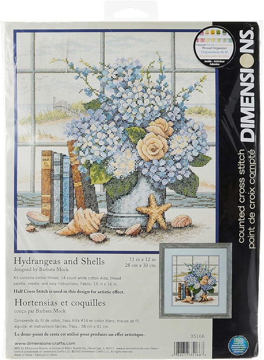 Dimensions 'Hydrangeas and Sea Shells' Counted Cross Stitch Kit, 14 Count White Aida, 11" x 12"
