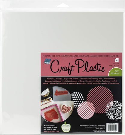 Grafix Food-Safe Plastic Frosted, 12 x 12”, Pack of 4 – Reusable .005” Thick Translucent Film, Perfect for Sugar Craft Stencils, Cookie and Cake Decorating, Chocolate Work (K05FCP1212-4)