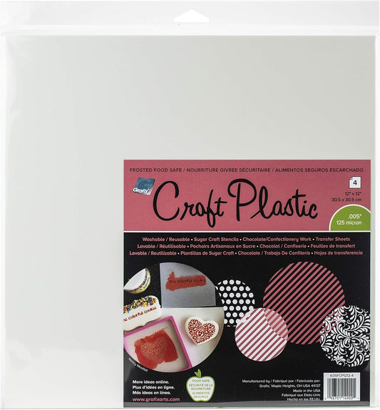 Grafix Food-Safe Plastic Frosted, 12 x 12”, Pack of 4 – Reusable .005” Thick Translucent Film, Perfect for Sugar Craft Stencils, Cookie and Cake Decorating, Chocolate Work (K05FCP1212-4)