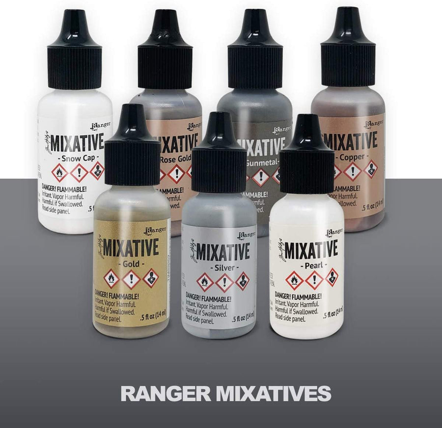 Ranger Tim Holtz Alcohol Ink Mixatives Bundle - All 7 Colors, Pearl, Copper, Silver, Gold, Snow Cap, Rose Gold, Gunmetal, 10 Pixiss Precision Ink Blending Tools