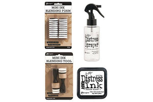 Tim Holtz Distress Bundle of 4 Items - Sprayer, DIY Ink Pad, Blending Tools, and Blending Foams