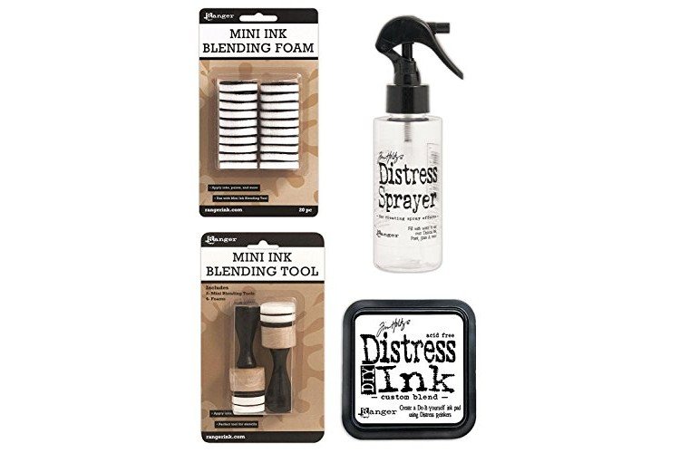 Tim Holtz Distress Bundle of 4 Items - Sprayer, DIY Ink Pad, Blending Tools, and Blending Foams