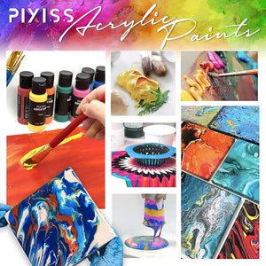 Pixiss Acrylic Paints Set of 16 (59 ml/2fl.oz), Paint Brush 10 Piece Set, 5x5-Inch Canvases 3 Pack, Art Supplies Paint Set for Casual Painters Great for Canvas Painting