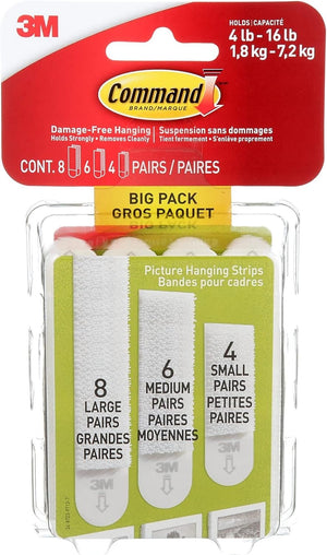 Command Picture Hanging Strips Big Pack, Removable, (4) Small, (6) Medium, (8) Large, White, 18 Pairs/Pack