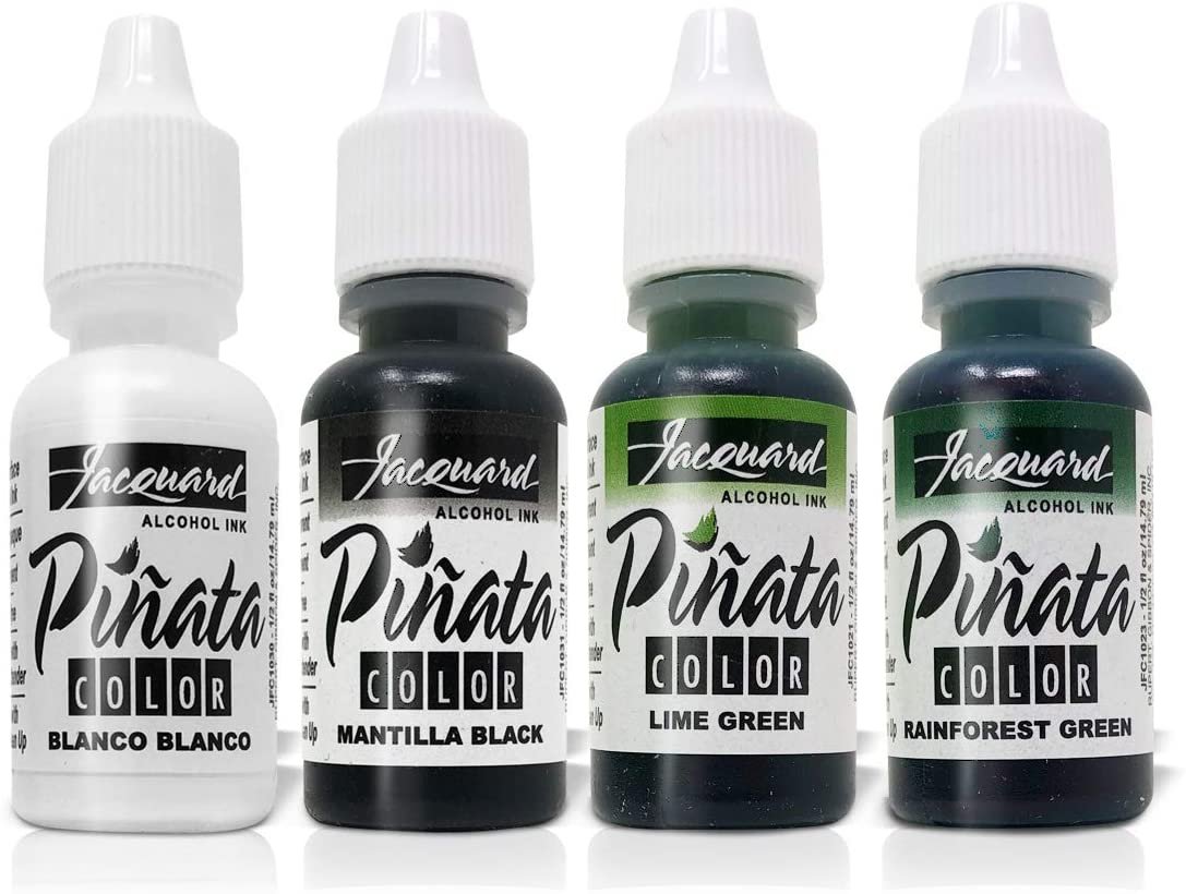 Jacquard Pinata Alcohol Inks 4 Pack Bundle, Blanco, Lime Green, Rainforest Green, Mantilla Black and 10X Pixiss Ink Blending Tools