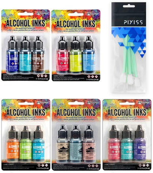 Ranger Tim Holtz Alcohol Inks Bundle, Lakeshore, Dockside Picnic, Mariner, Beach Deco, Spring Break, 10x Pixiss Ink Blending Tools