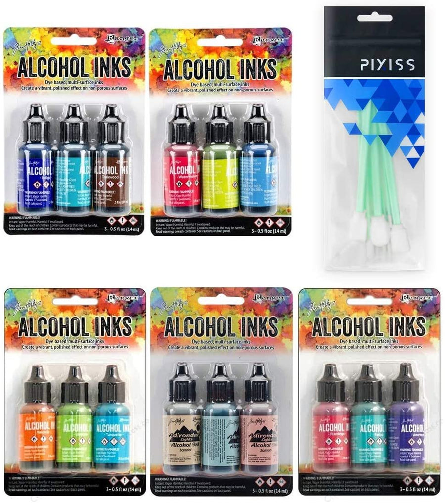 Ranger Tim Holtz Alcohol Inks Bundle, Lakeshore, Dockside Picnic, Mariner, Beach Deco, Spring Break, 10x Pixiss Ink Blending Tools