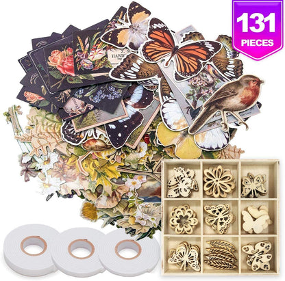 Tim Holtz Idea-Ology Layers-Botanicals 83 Pieces, 3 Rolls Dual-Adhesive Foam Mount Tape, 45 Wooden Finishing Accents, Collage Materials Kit, 131 Pieces Total