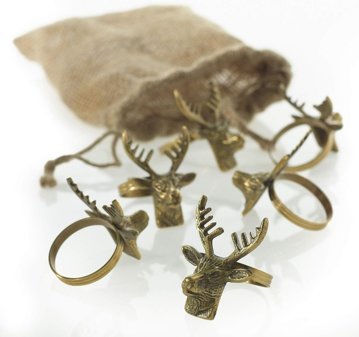 Deer Head Brass Napkin Rings in Jute Bag, Set of 6