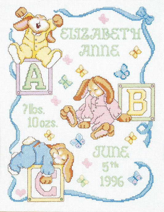 Janlynn 242077 Sleepy Bunnies Sampler Counted Cross Stitch Kit, 13" x 18", Multi-Colored, 14 Count