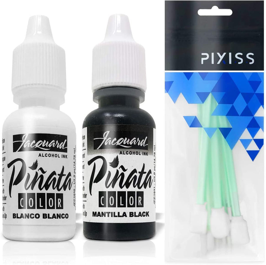 Jacquard Pinata Alcohol Inks Black and White Bundle, Blanco and Mantilla Black and 10x Pixiss Ink Blending Tools