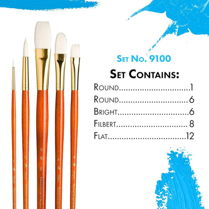 Princeton Real Value, Series 9100, Paint Brush Sets for Acrylic, Oil & Watercolor Painting, Syn-White Taklon (Rnd 1, 6, Brt 6, Flb 8, Flat 12)